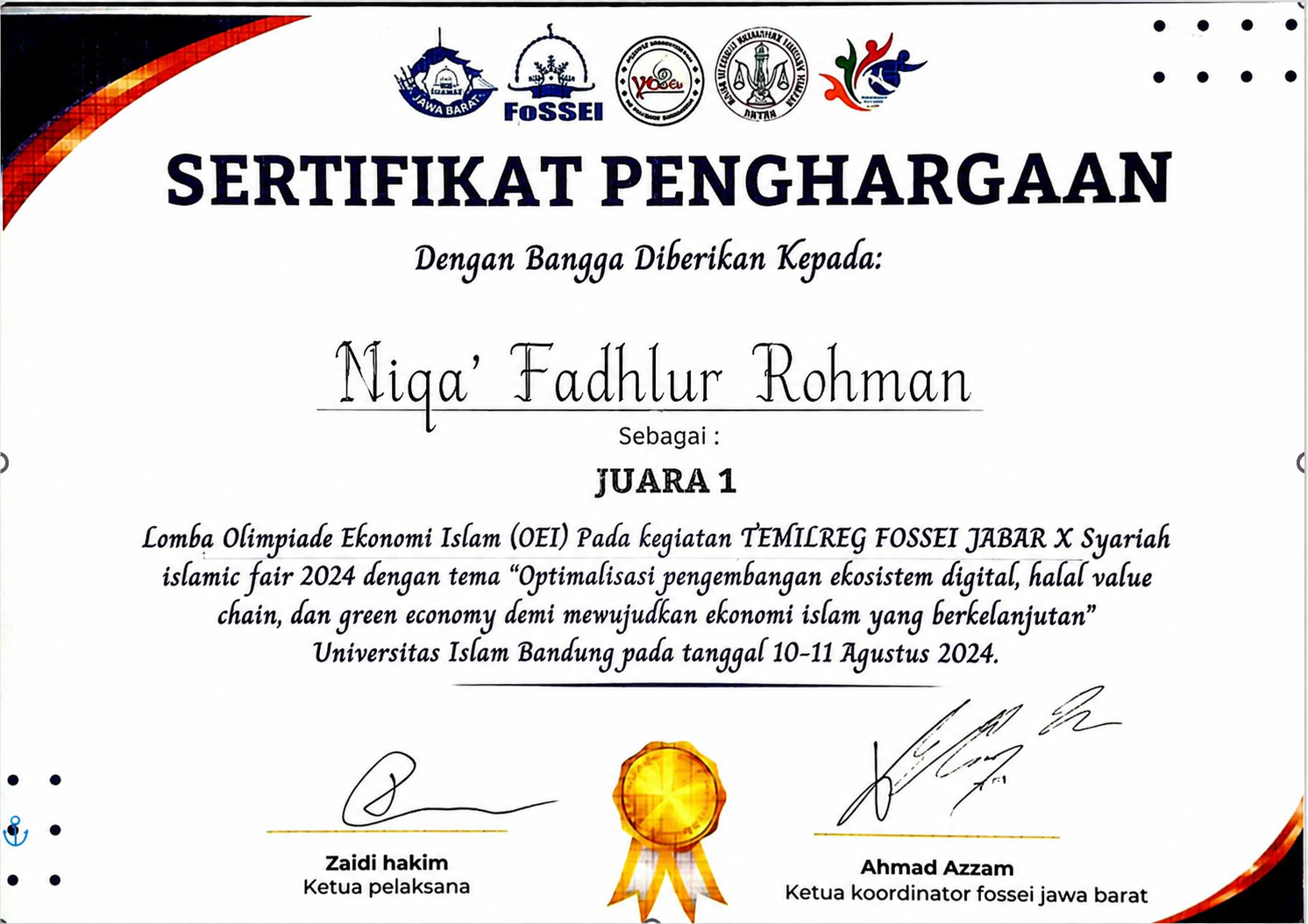 Sertifikat Juara 1 Olimpiade Ekonomi Islam